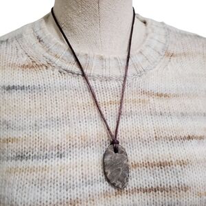 Raw Petoskey Stone Slice 24" Brown Silk Cord Pendant Necklace .925 Hand Crafted